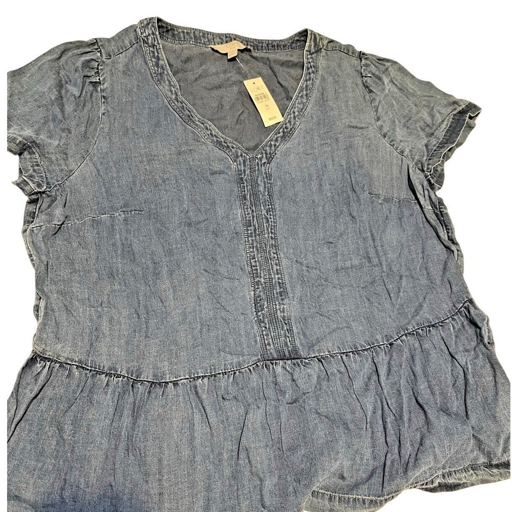 Loft Plus 18 Blue Denim Top with ruffled hem -100% Lyocell Newâ with Tags